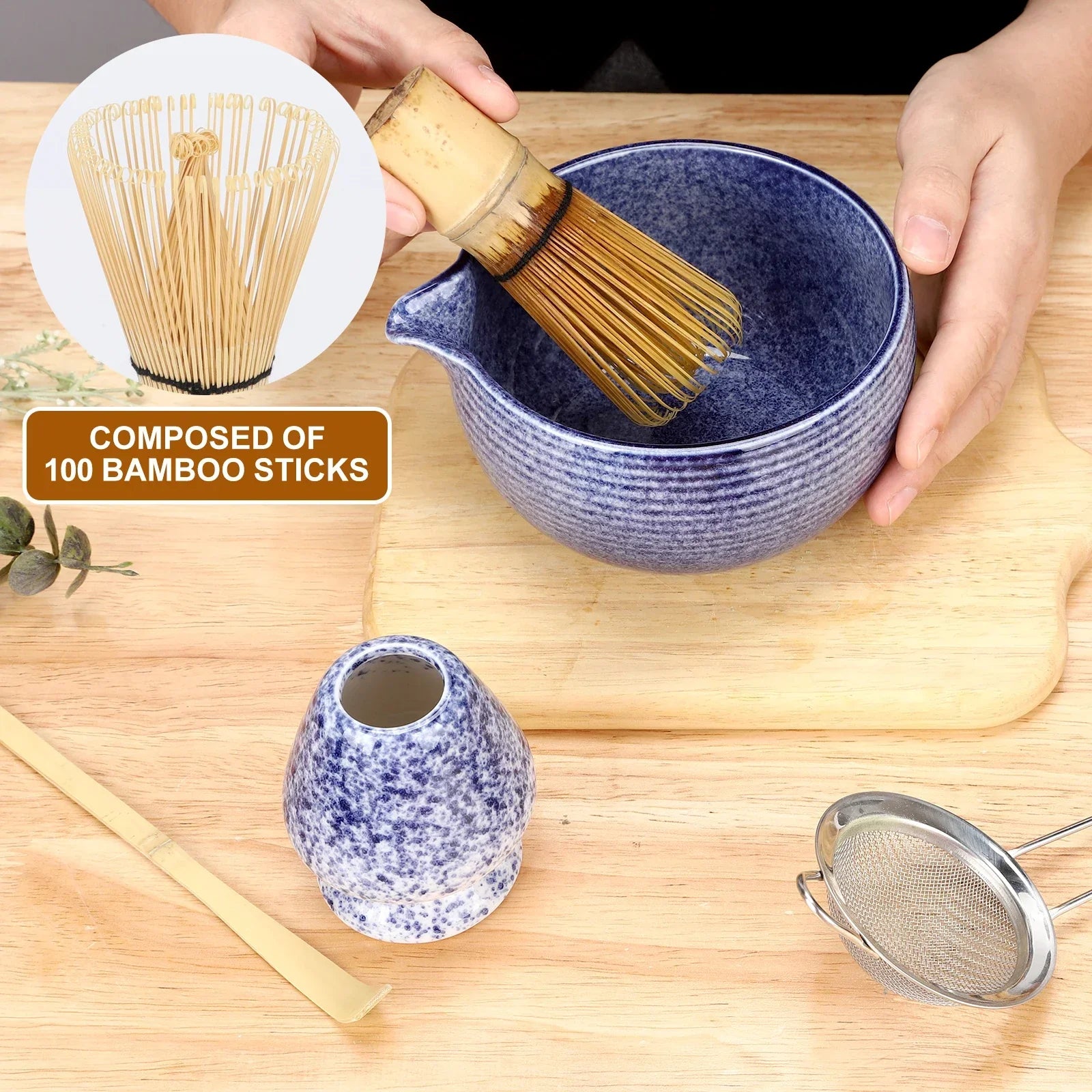 Deluxe Matcha Set Featuring Stainless Steel Sieve and Bamboo Accessories
