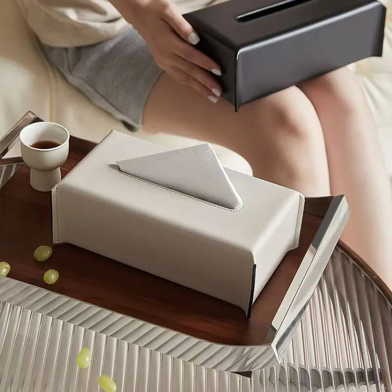 Luxury PU Leather Tissue Box Cover – Woven Napkin Case for Home Decoration