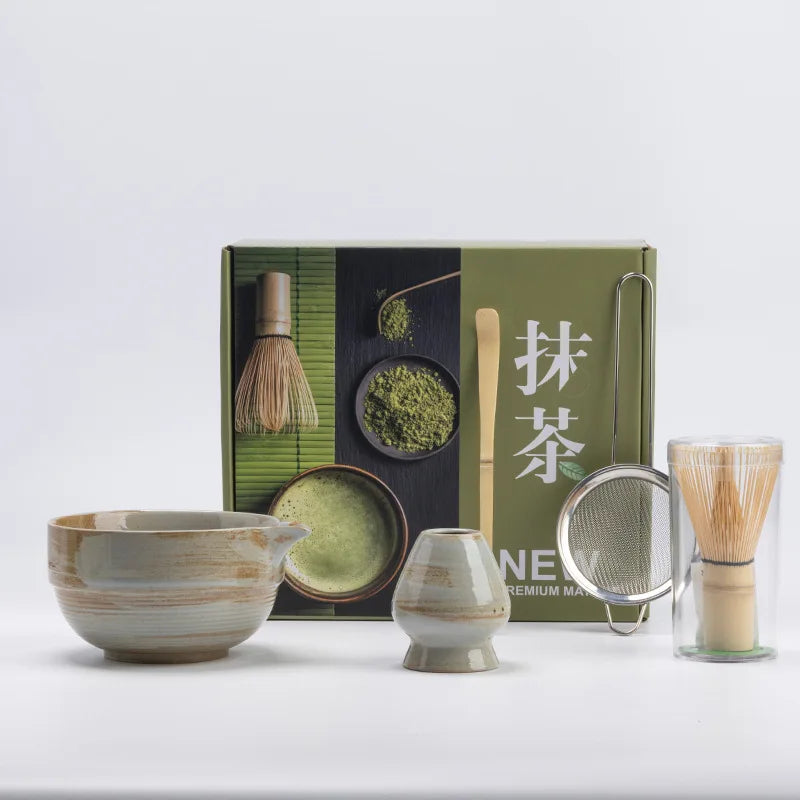 Rustic Hand Glazed 5-Piece Ceramic Matcha Set with Bamboo Whisk and Tea Tools