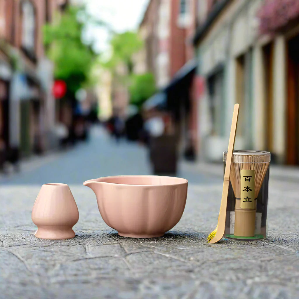 Pink Pumpkin Petal Matcha Tea Set – 4-Piece Tea Set with Bamboo Whisk, Teaspoon, and Bowls for Perfect Indoor Brewing