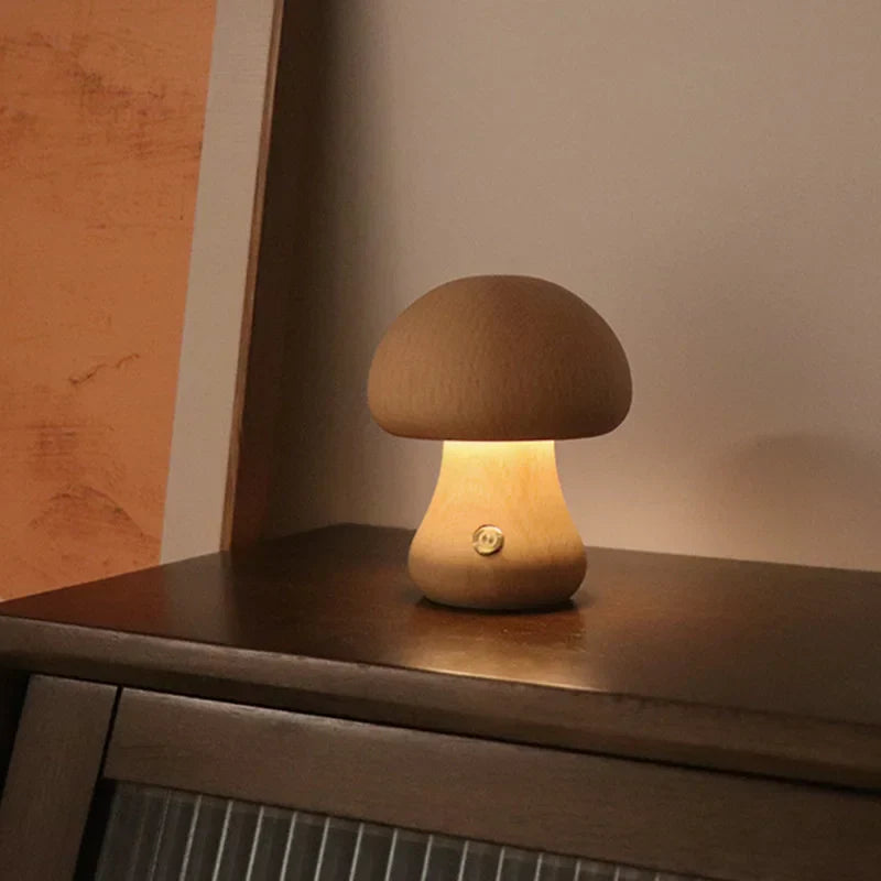 Wooden mushroom-shaped LED night light, rechargeable table lamp for bedroom or cozy home decor