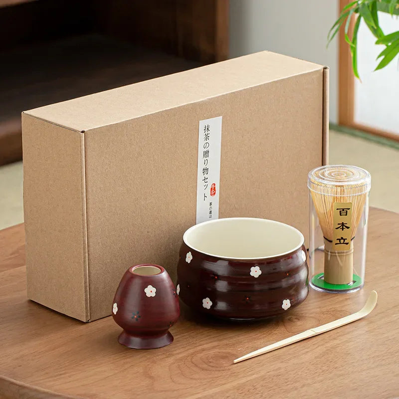 Elegant Ceramic Matcha Teaware Set with Whisk and Spoon – Dark Red with Cherry Blossom Design for Authentic Japanese Tea Experience