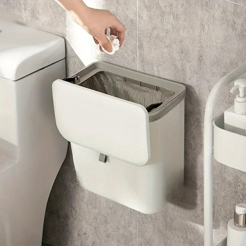 Wall-mounted slim bathroom trash can with flip lid, space-saving garbage bin for toilet or kitchen storage