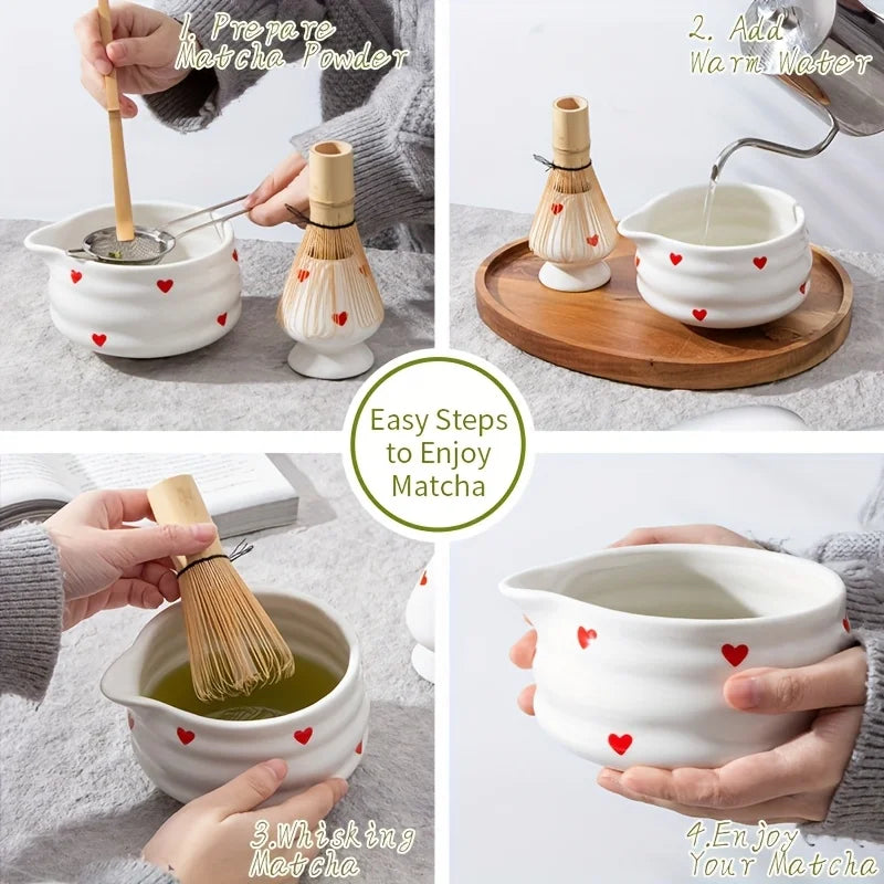 Heart-Shaped Japanese Matcha Bowl Set with Whisk – Authentic Tea Ceremony Tool for Matcha Preparation