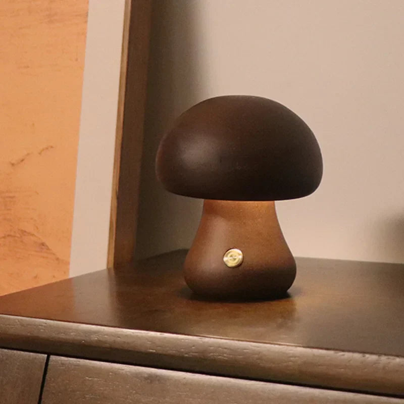 Wooden mushroom-shaped LED night light, rechargeable table lamp for bedroom or cozy home decor