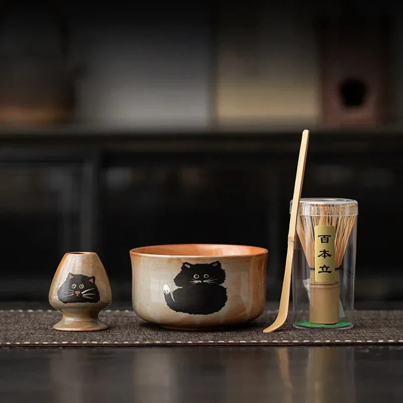 Cute Cat Matcha Gift Set with Bamboo Whisk, Ceramic Bowl, and Scoop – Matcha Tea Set for Tea Lovers