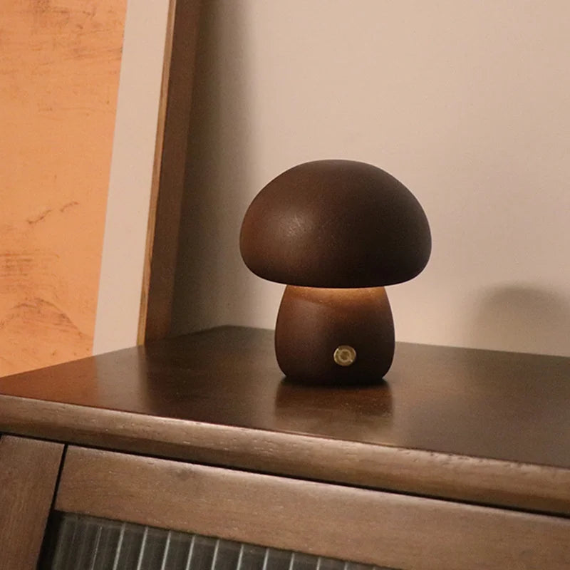 Wooden mushroom-shaped LED night light, rechargeable table lamp for bedroom or cozy home decor