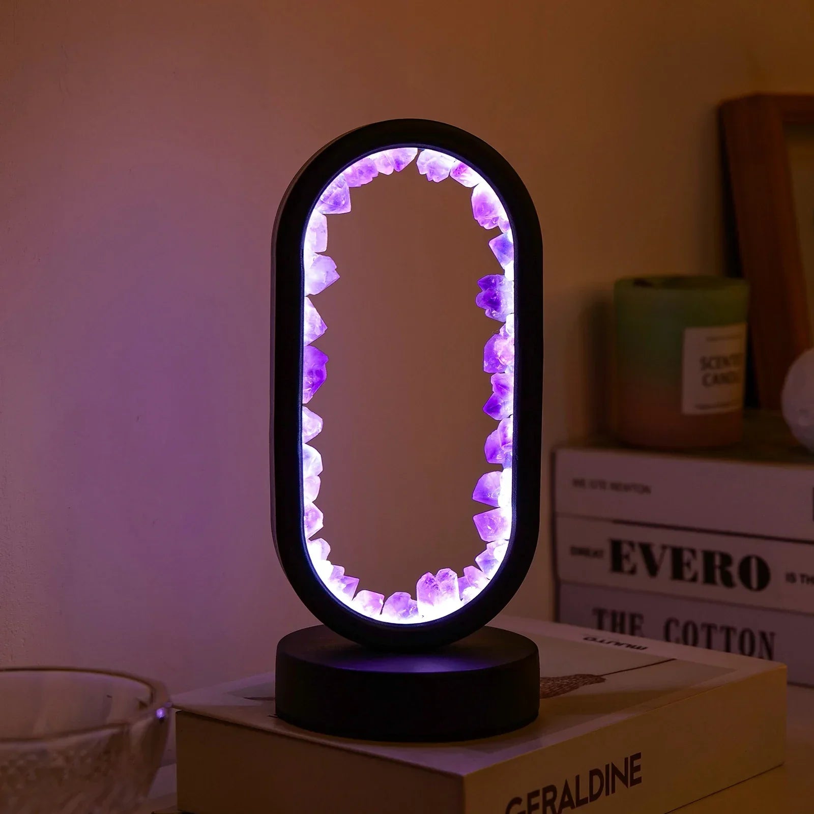 Amethyst crystal LED table lamp with oval frame, ambient night light for bedroom or meditation space decor