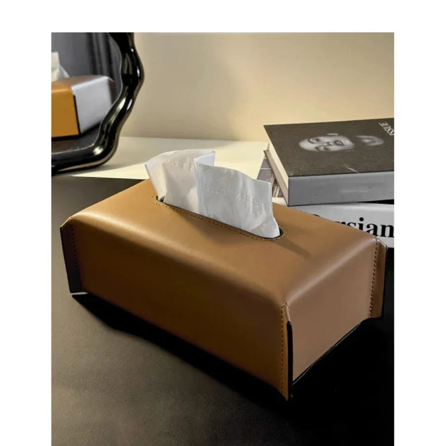 Luxury PU Leather Tissue Box Cover – Woven Napkin Case for Home Decoration