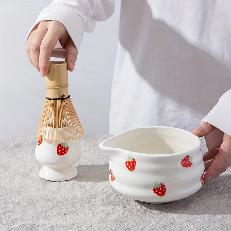 Japanese Strawberry Matcha Bowl Set with Whisk – Cute Ceramic Tea Bowl for Authentic Matcha Experience