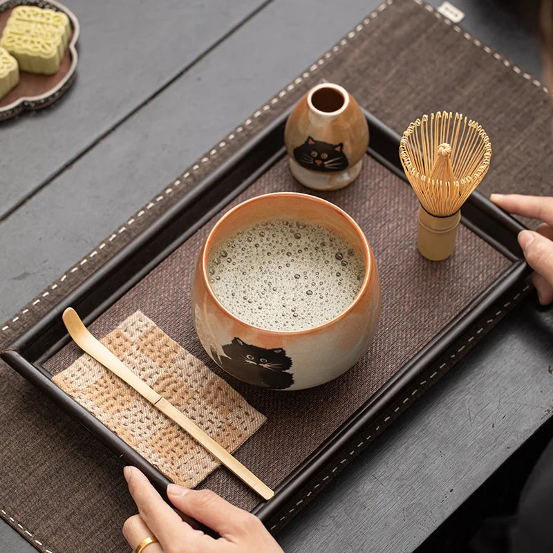 Cute Cat Matcha Gift Set with Bamboo Whisk, Ceramic Bowl, and Scoop – Matcha Tea Set for Tea Lovers