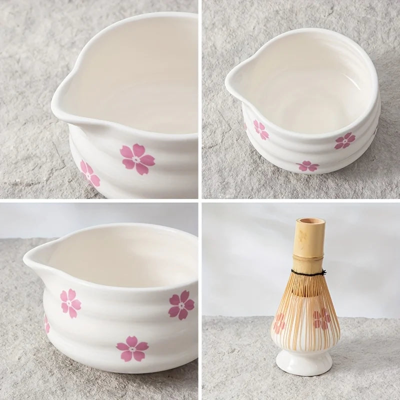 5-Piece Elegant Cherry Blossom Matcha Tea Set – Japanese Ceramic Bowl Set with Whisk for Perfect Matcha Preparation