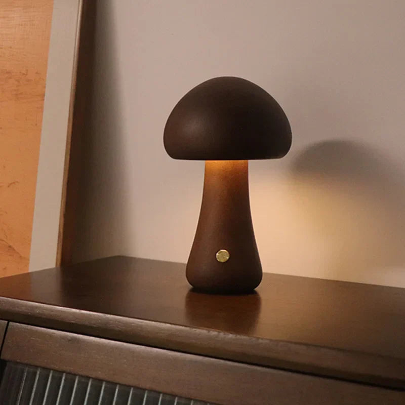 Wooden mushroom-shaped LED night light, rechargeable table lamp for bedroom or cozy home decor