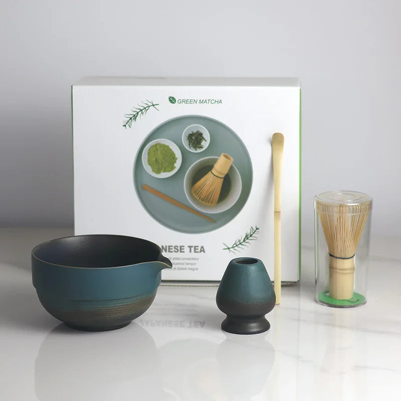 Japanese Ombre Matcha Bowl Set with Spout, Bamboo Whisk, and Scoop - Ceramic Tea Tools for Authentic Matcha Preparation