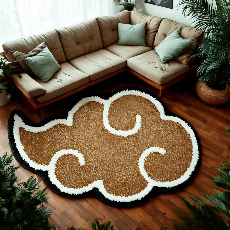 Red Akatsuki cloud rug with black and white border, anime-inspired floor mat for bedroom or living room decor
