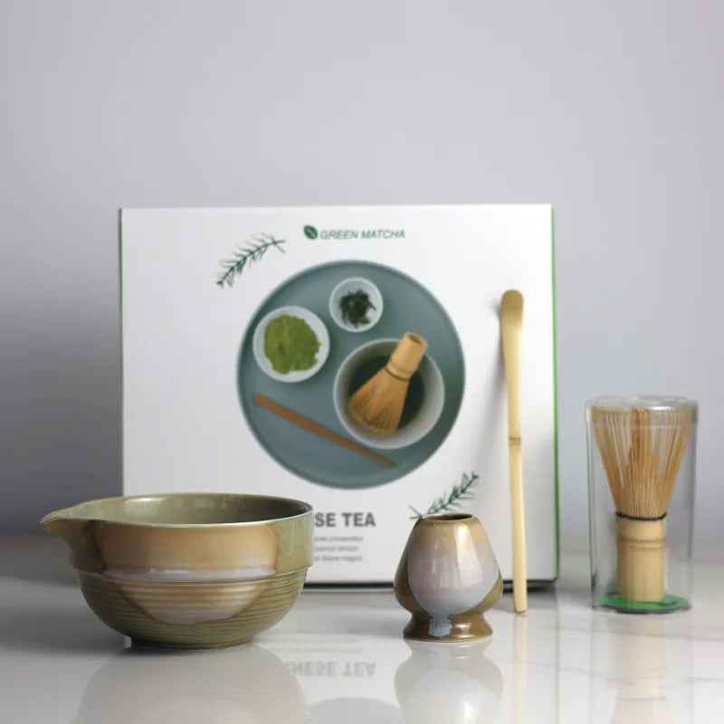 Ceramic Matcha Tea Set with Bamboo Whisk and Spout Bowl – Complete Tea Gift Set for Traditional Ceremonies