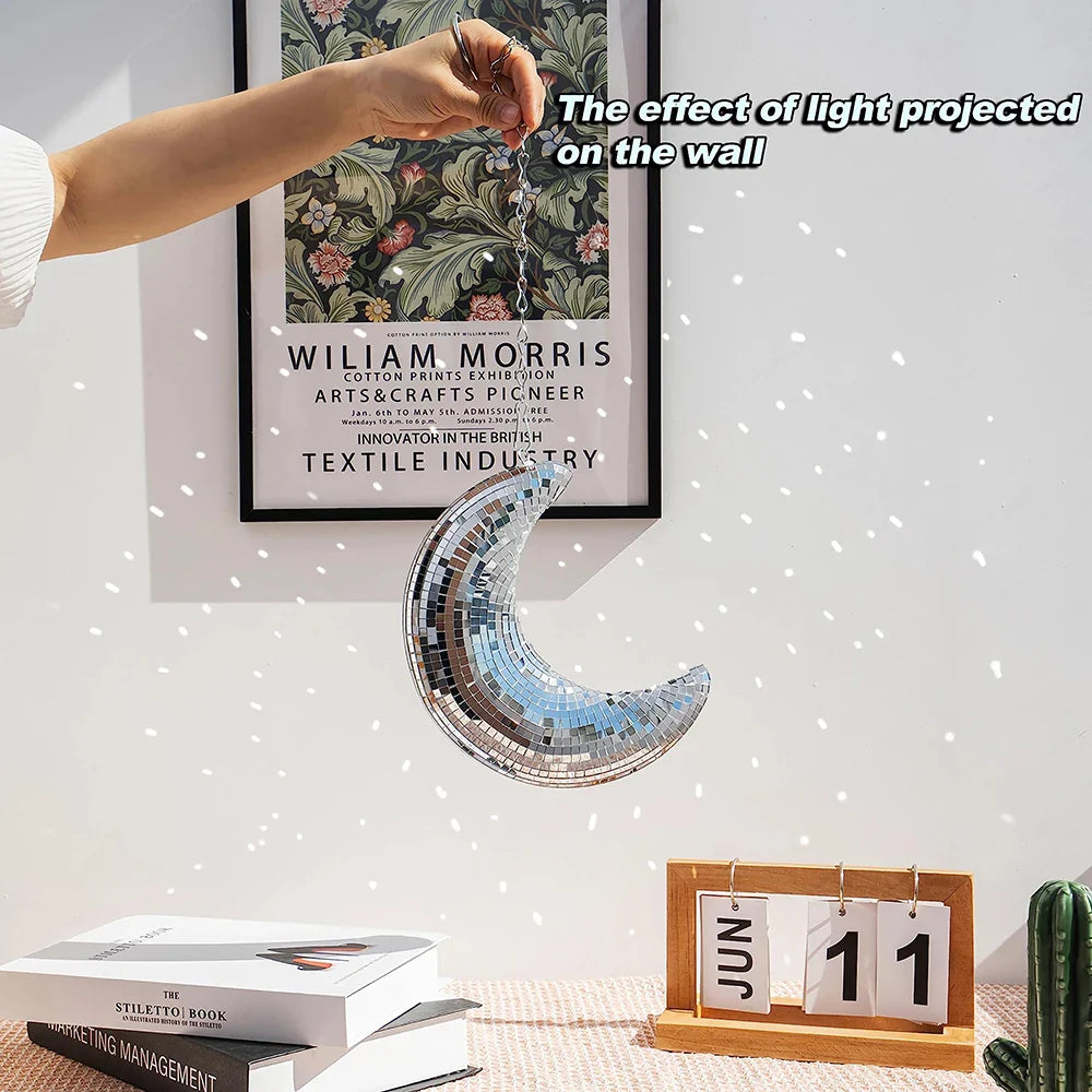 Hanging Disco Moon Mirror - Silver Crescent Wall Art for Enchanting Decor - Perfect for Parties and Celebrations