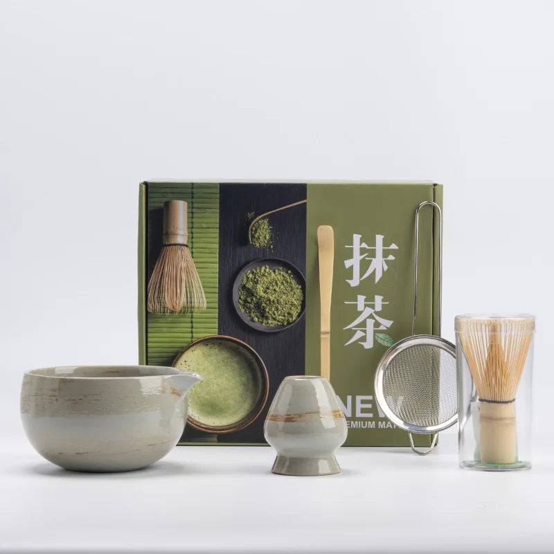 Rustic Hand Glazed 5-Piece Ceramic Matcha Set with Bamboo Whisk and Tea Tools