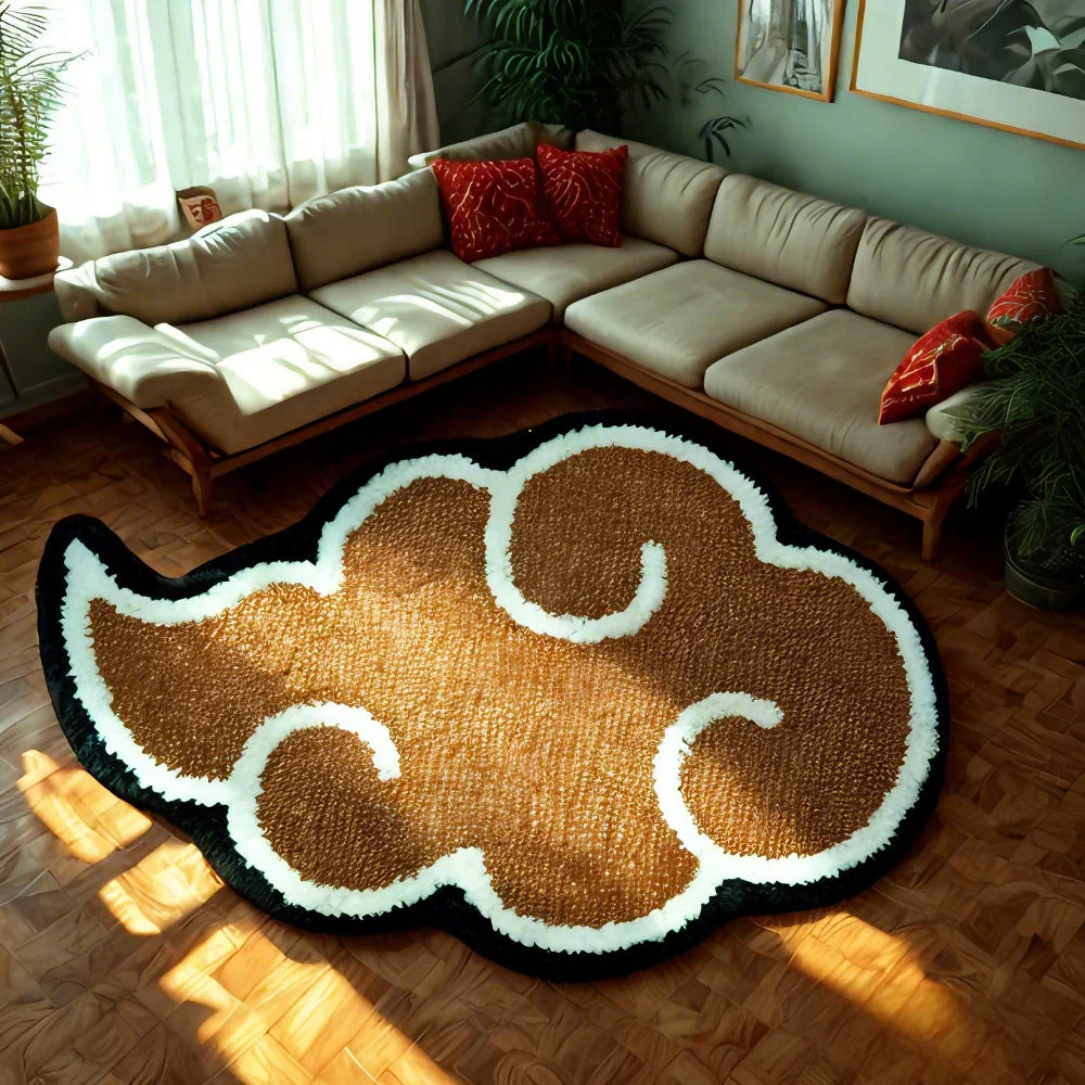 Red Akatsuki cloud rug with black and white border, anime-inspired floor mat for bedroom or living room decor