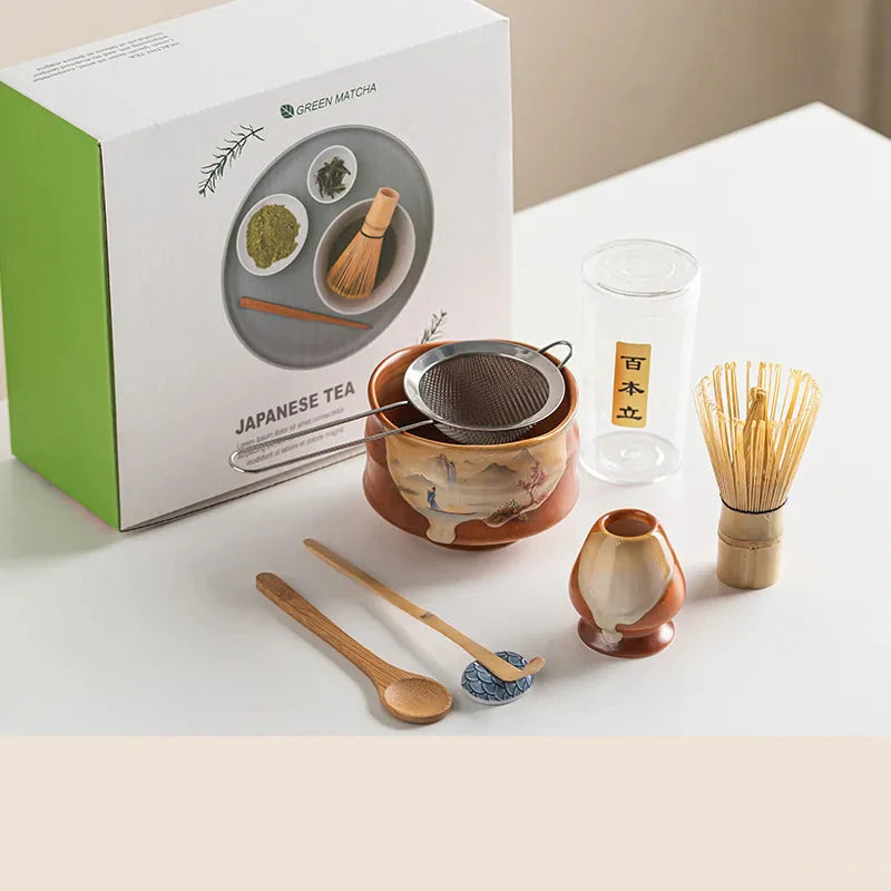 Vintage 7-Piece Matcha Set with Ceramic Bowl, Chasen Whisk, and Bamboo Scoop for Traditional Tea Ceremony