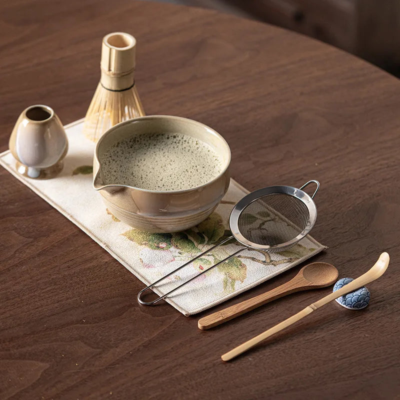 Vintage 7-Piece Matcha Set with Ceramic Bowl, Chasen Whisk, and Bamboo Scoop for Traditional Tea Ceremony