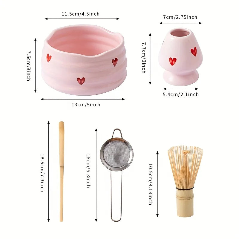 Ceramic Matcha Set with Pink Heart Decals - Complete Matcha Bowl, Whisk, Holder, Bamboo Scoop, and Sifter