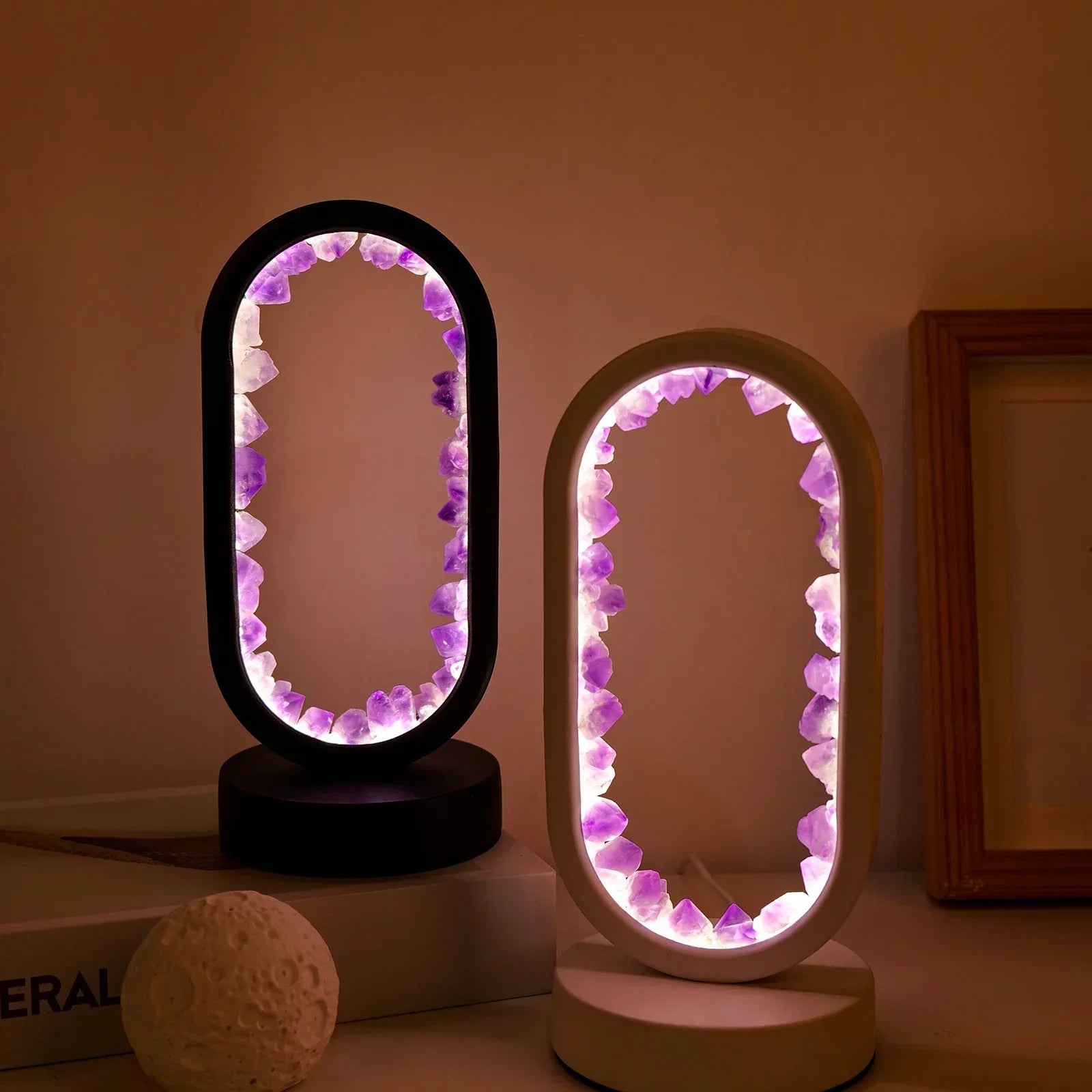 Amethyst crystal LED table lamp with oval frame, ambient night light for bedroom or meditation space decor