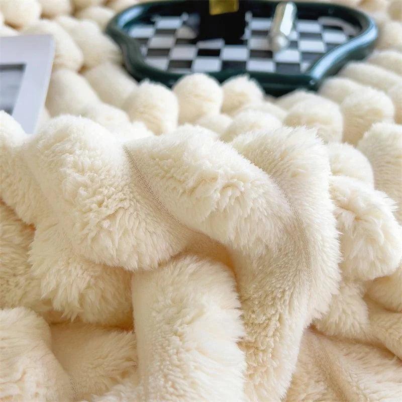 Luxury faux fur blanket in ivory white, soft and cozy throw for bedroom or living room winter decor