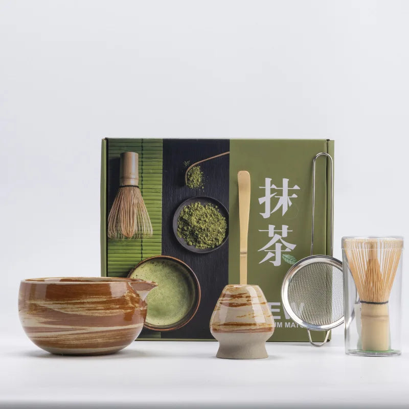 Rustic Hand Glazed 5-Piece Ceramic Matcha Set with Bamboo Whisk and Tea Tools