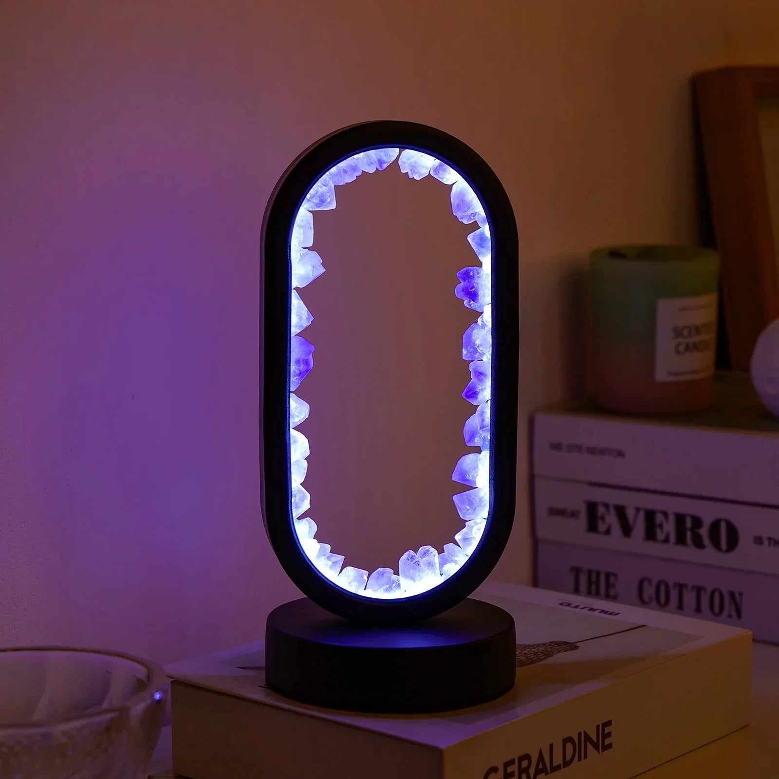 Amethyst crystal LED table lamp with oval frame, ambient night light for bedroom or meditation space decor