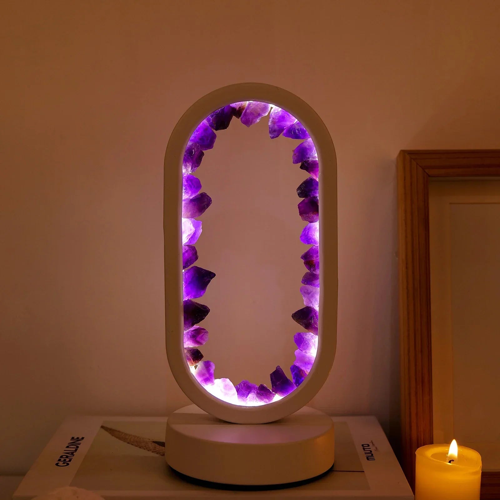 Amethyst crystal LED table lamp with oval frame, ambient night light for bedroom or meditation space decor