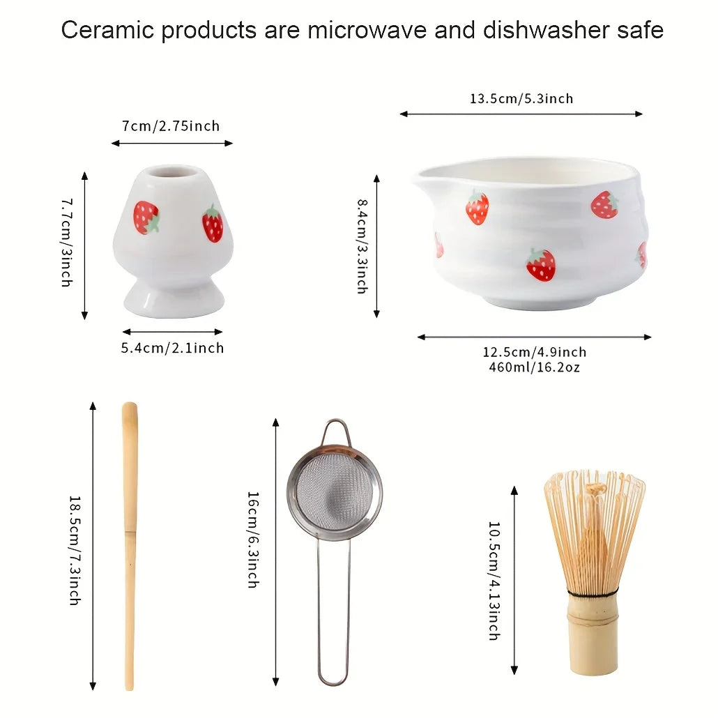 Japanese Strawberry Matcha Bowl Set with Whisk – Cute Ceramic Tea Bowl for Authentic Matcha Experience
