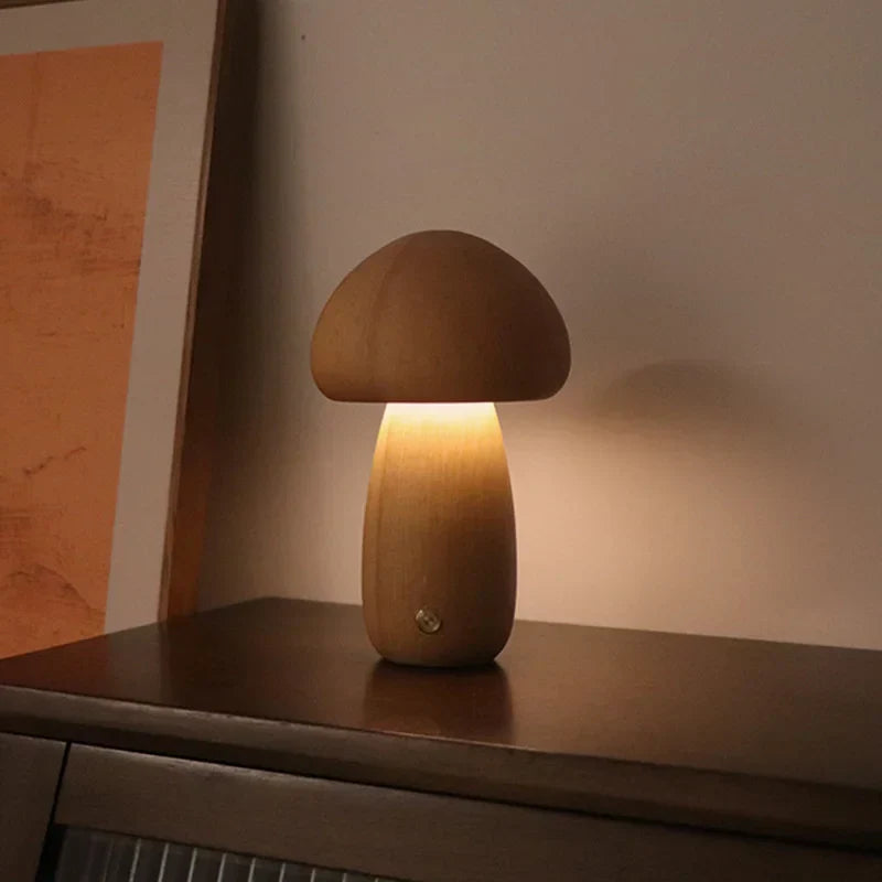 Wooden mushroom-shaped LED night light, rechargeable table lamp for bedroom or cozy home decor