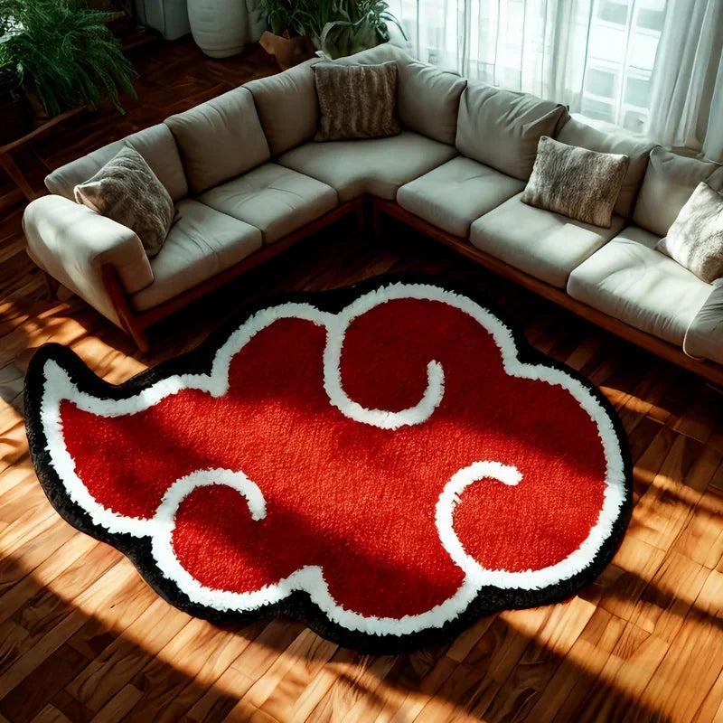 Red Akatsuki cloud rug with black and white border, anime-inspired floor mat for bedroom or living room decor