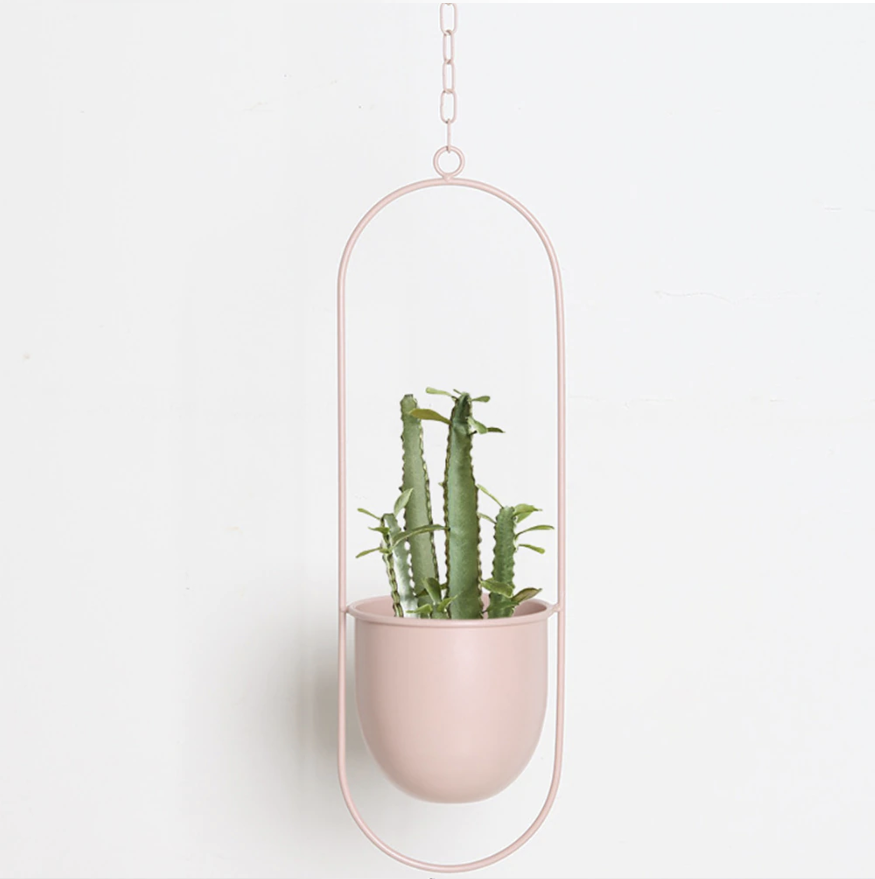 Set of modern hanging metal planters with geometric frames, indoor wall plant holders for home and balcony decor