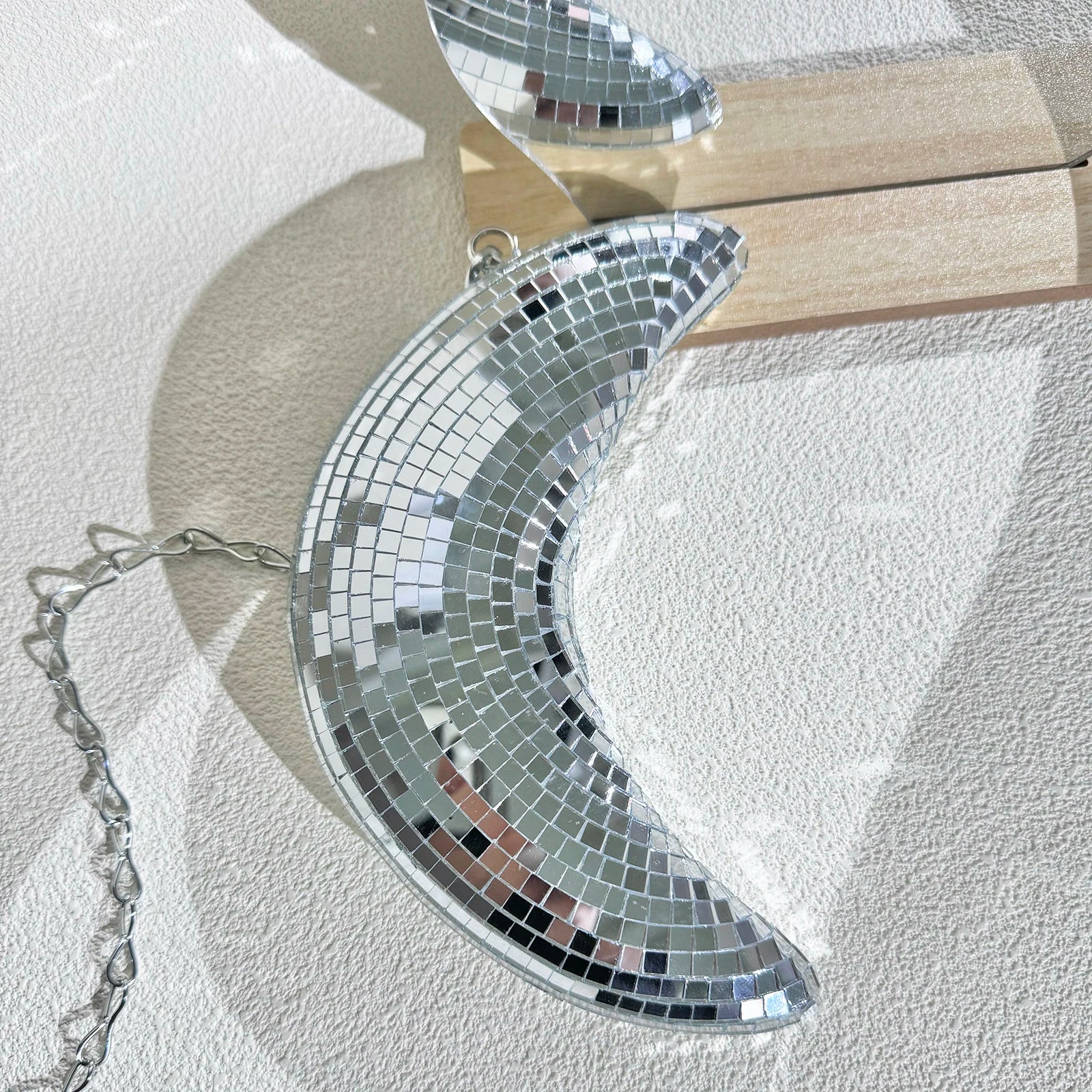 Hanging Disco Moon Mirror - Silver Crescent Wall Art for Enchanting Decor - Perfect for Parties and Celebrations