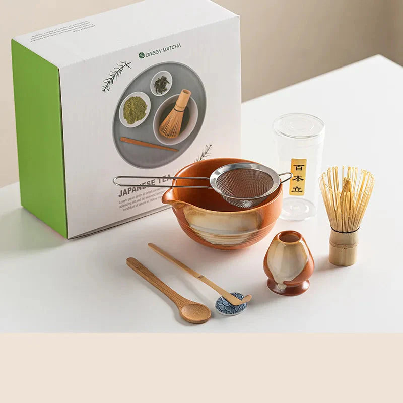Vintage 7-Piece Matcha Set with Ceramic Bowl, Chasen Whisk, and Bamboo Scoop for Traditional Tea Ceremony
