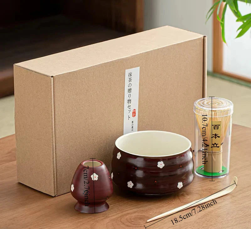 Elegant Ceramic Matcha Teaware Set with Whisk and Spoon – Dark Red with Cherry Blossom Design for Authentic Japanese Tea Experience
