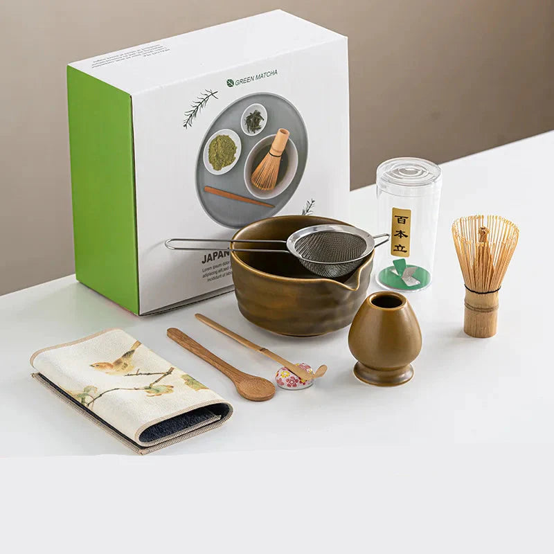 8-Piece Matcha Set with Bamboo Whisk and Glazed Ceramic Bowl for Authentic Japanese Tea Experience