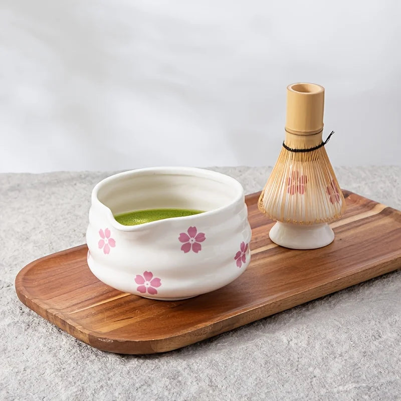 5-Piece Elegant Cherry Blossom Matcha Tea Set – Japanese Ceramic Bowl Set with Whisk for Perfect Matcha Preparation