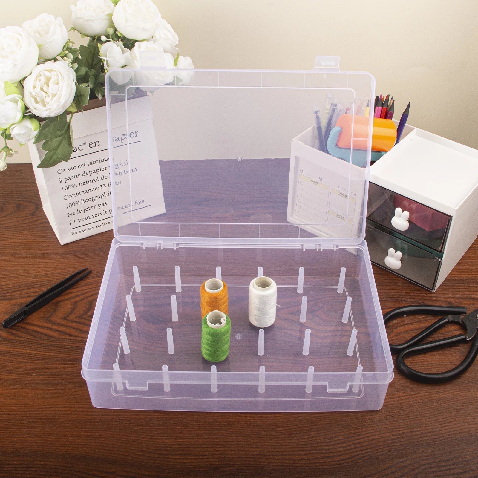 Sewing box organizer – Durable plastic – 24-slot design – White sewing storage for threads and accessories