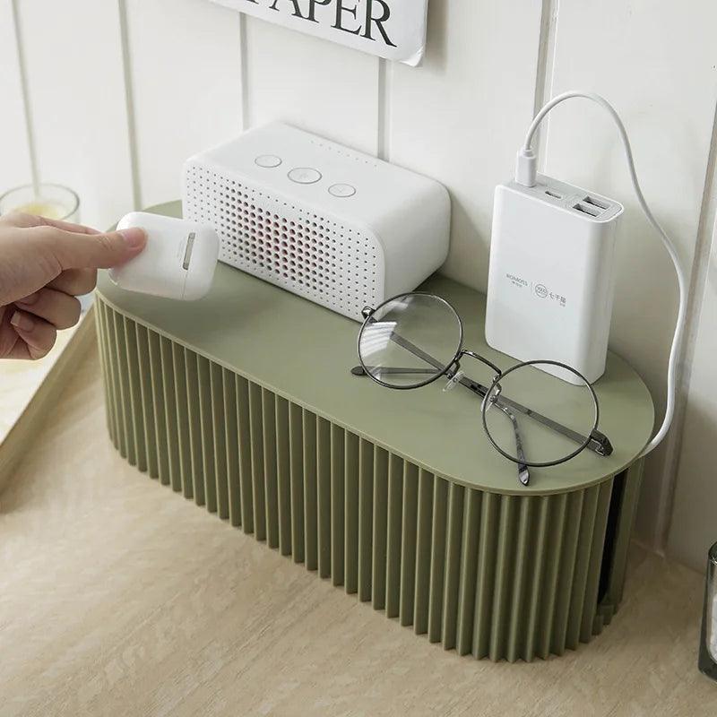 Modern cable management box with phone charging station, desktop cord organizer for home and office setup