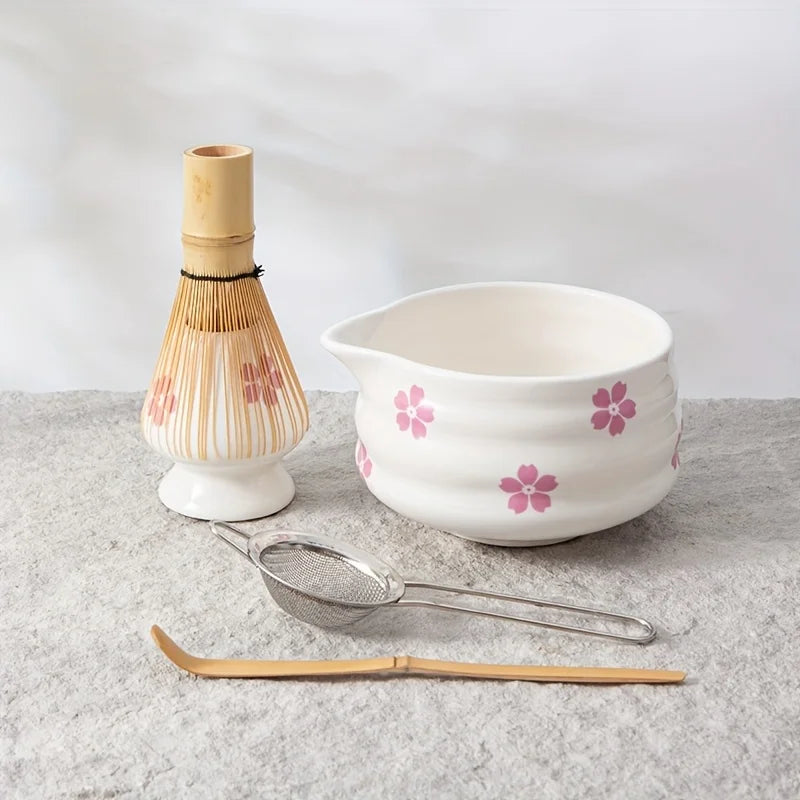 5-Piece Elegant Cherry Blossom Matcha Tea Set – Japanese Ceramic Bowl Set with Whisk for Perfect Matcha Preparation