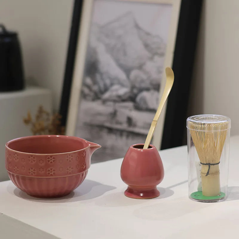 Glaze Gradient Matcha Tea Set – 4-Piece Ceramic Bowl with Bamboo Whisk and Scoop