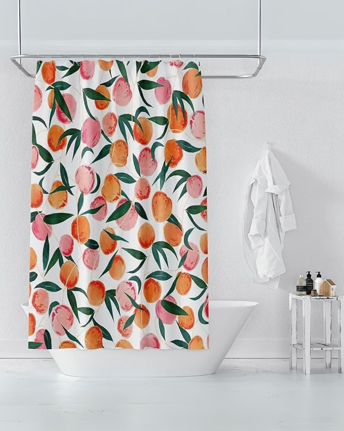 Shower curtain – High-quality fabric – Hand-painted peaches and greenery – Elegant bathroom decor