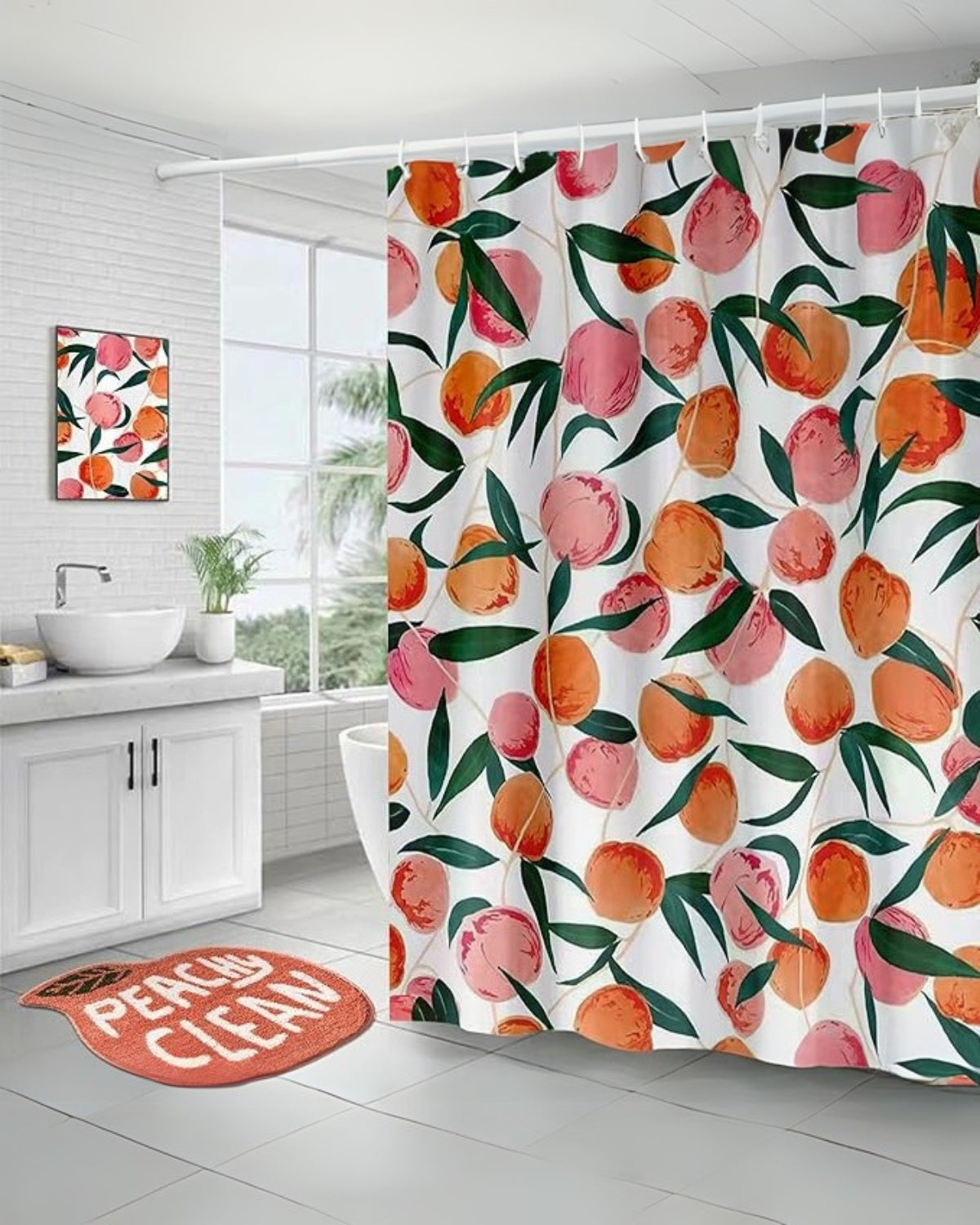 Shower curtain – High-quality fabric – Hand-painted peaches and greenery – Elegant bathroom decor