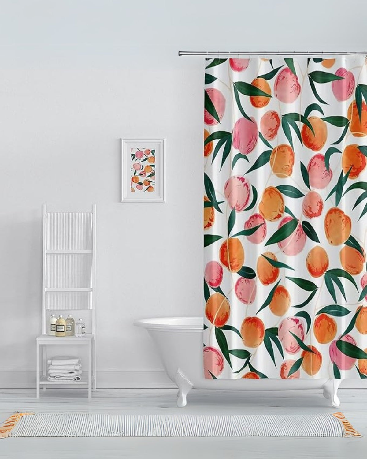 Shower curtain – High-quality fabric – Hand-painted peaches and greenery – Elegant bathroom decor