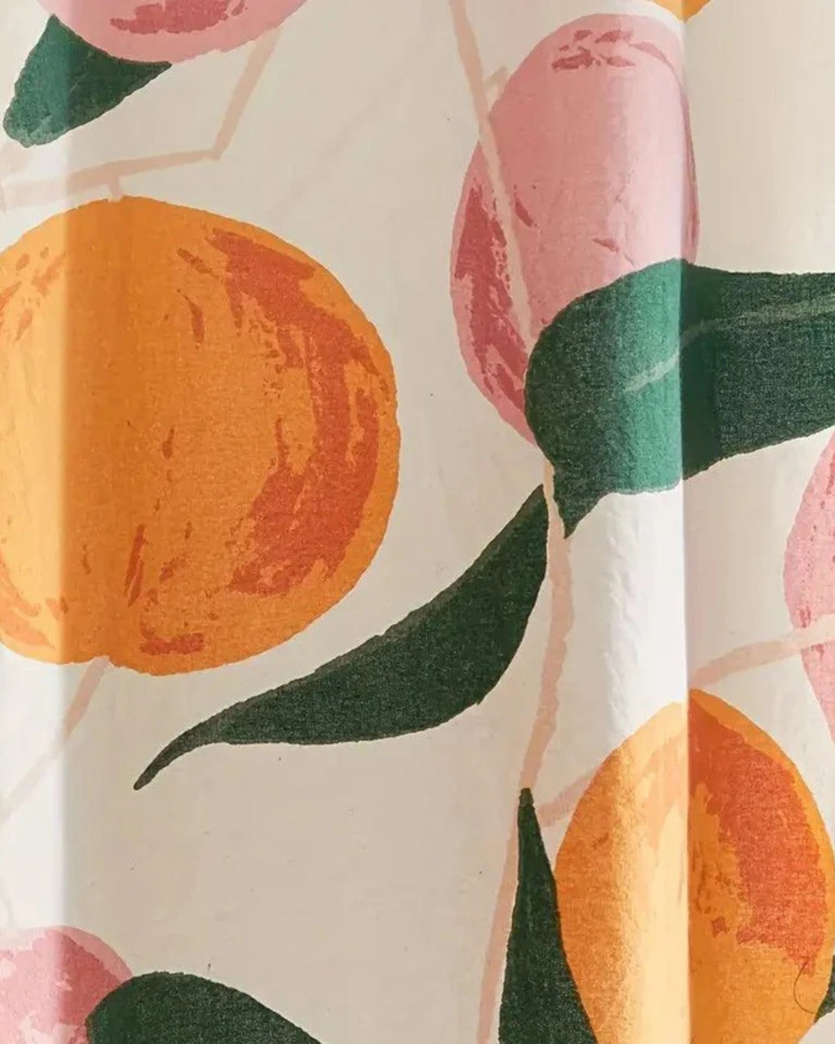 Shower curtain – High-quality fabric – Hand-painted peaches and greenery – Elegant bathroom decor