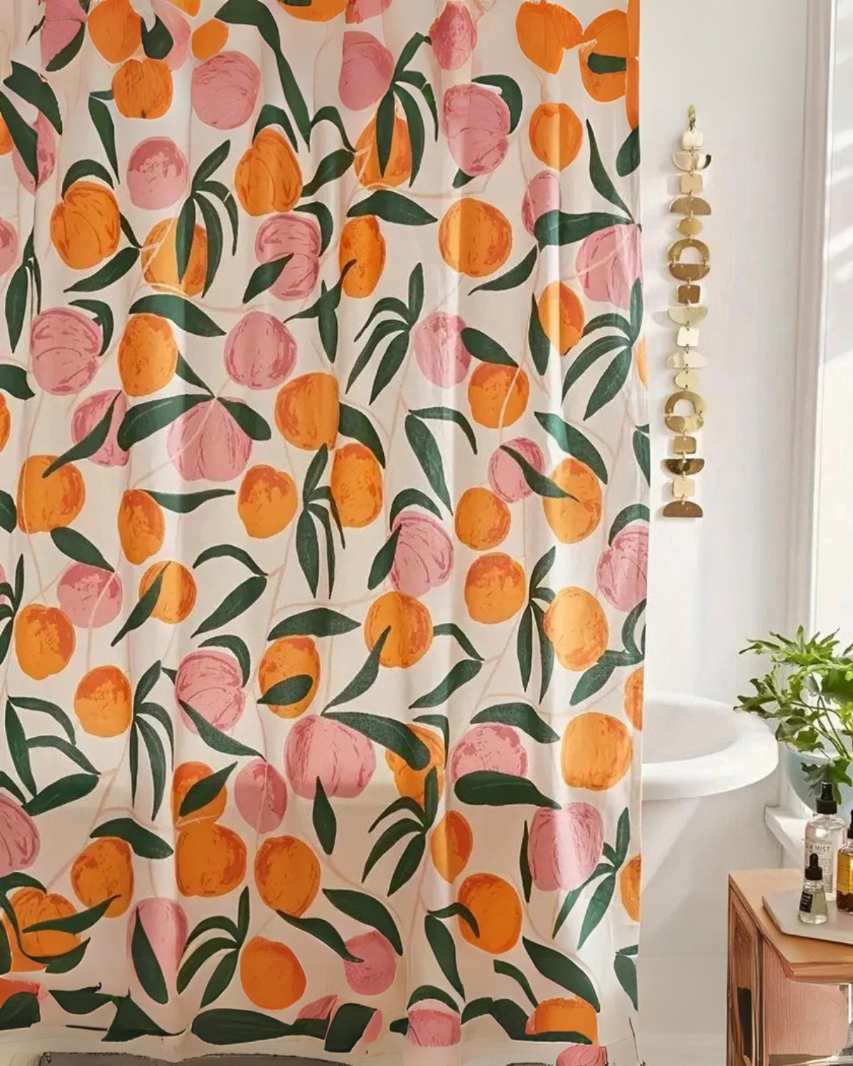 Shower curtain – High-quality fabric – Hand-painted peaches and greenery – Elegant bathroom decor