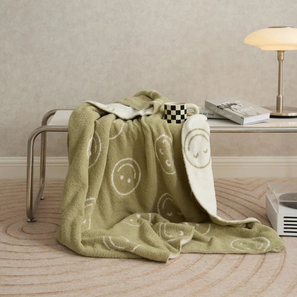 Smiley Face Plush Blanket - Soft Cotton Throw, Lightweight and Machine Washable